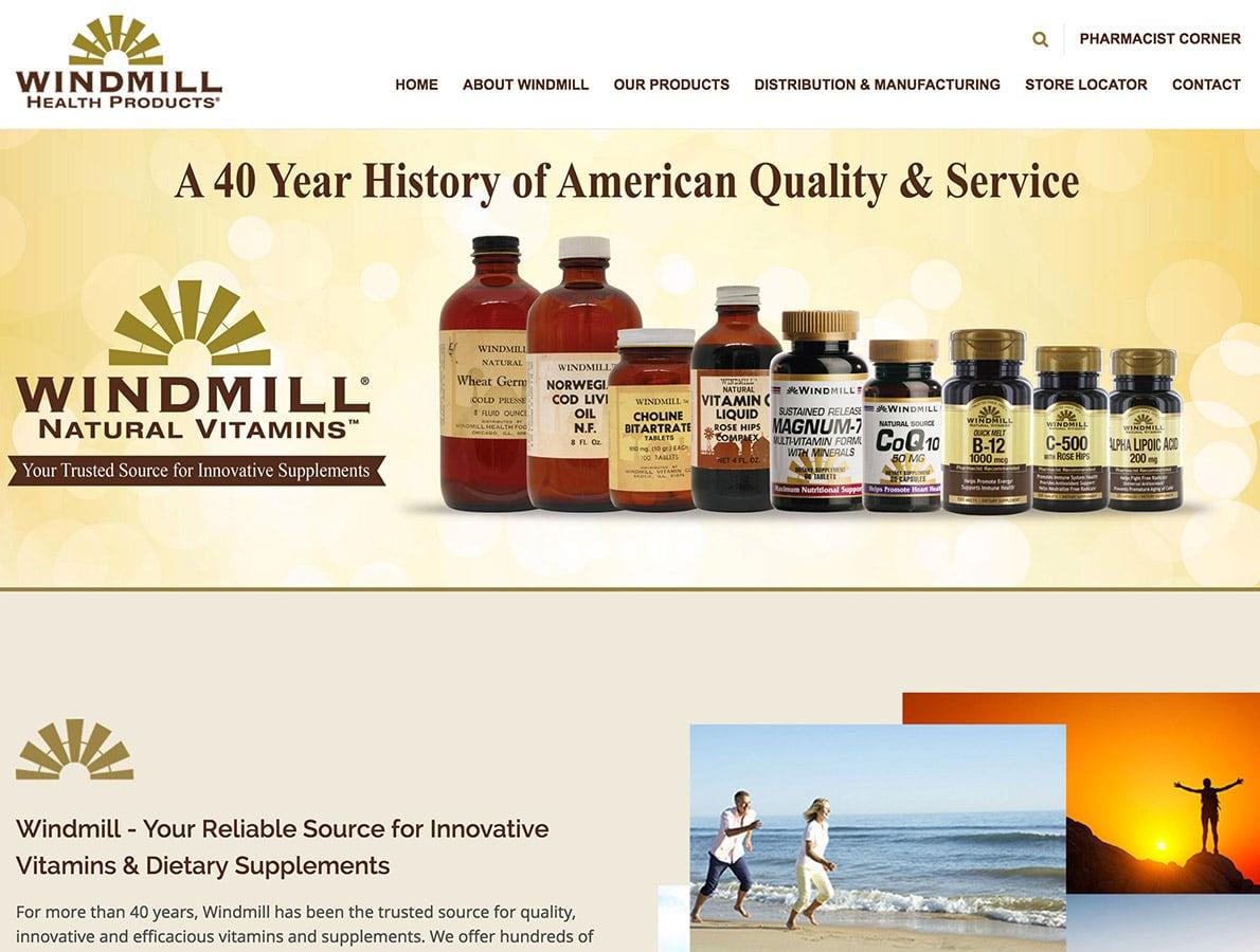 screenshots of Windmill Health Products website