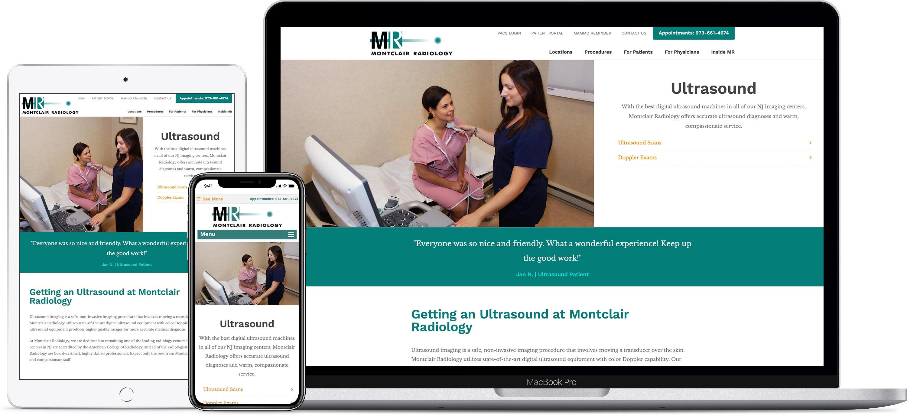 screenshots of Montclair Radiology website on laptop, tablet and mobile devices