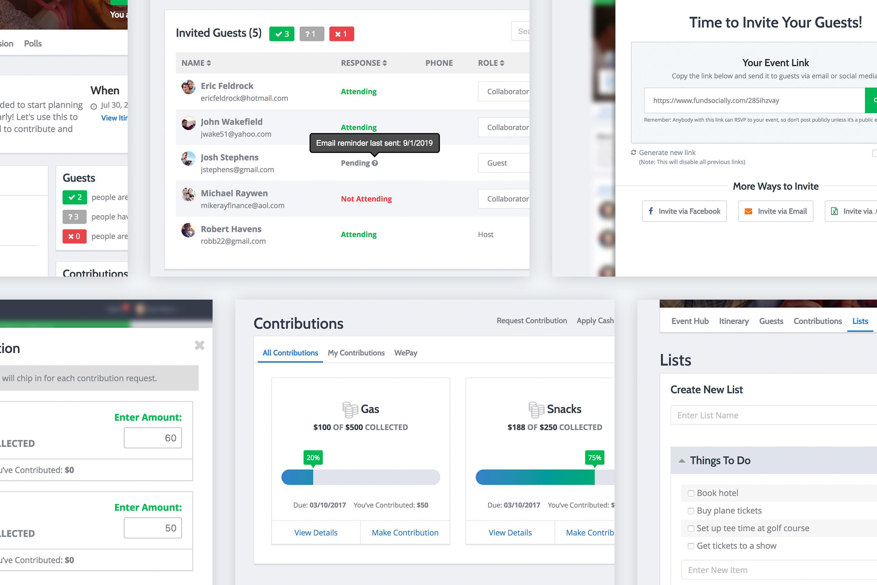 multiple screenshots of FundSocially event planning features